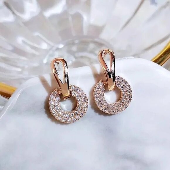 “Trinity” Diamond Hoop Elegant Gold Circle Engagement/Wedding/Gift Earrings - Picture 8 of 10